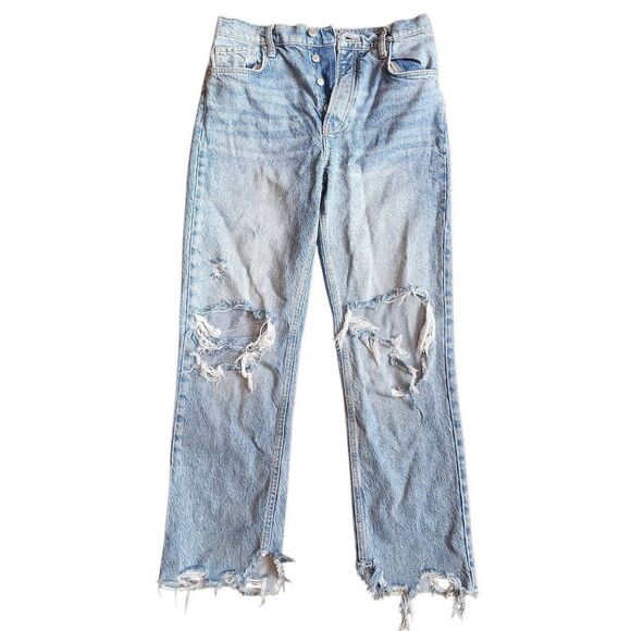 Free People Jeans Women's 26 Blue Tapered Baggy Boyfriend Ripped Raw Hem - Picture 2 of 5